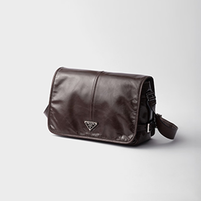 prada shiny waxed leather flap messenger shoulder bag